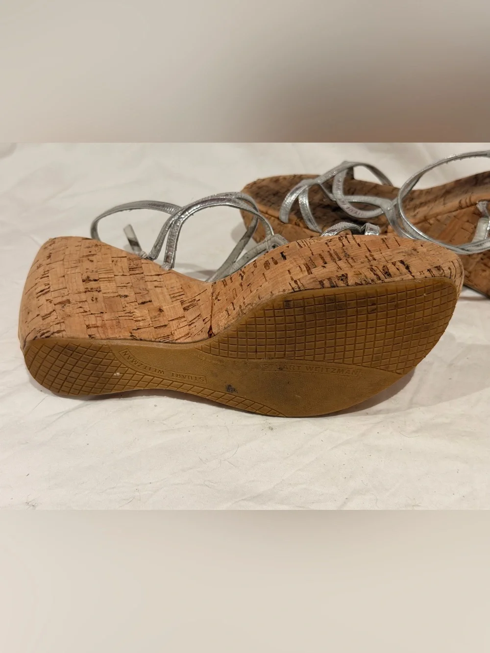 Stuart Weitzman Silver Metallic Strappy Cork Wedge Sandals - Picture 8 of 10